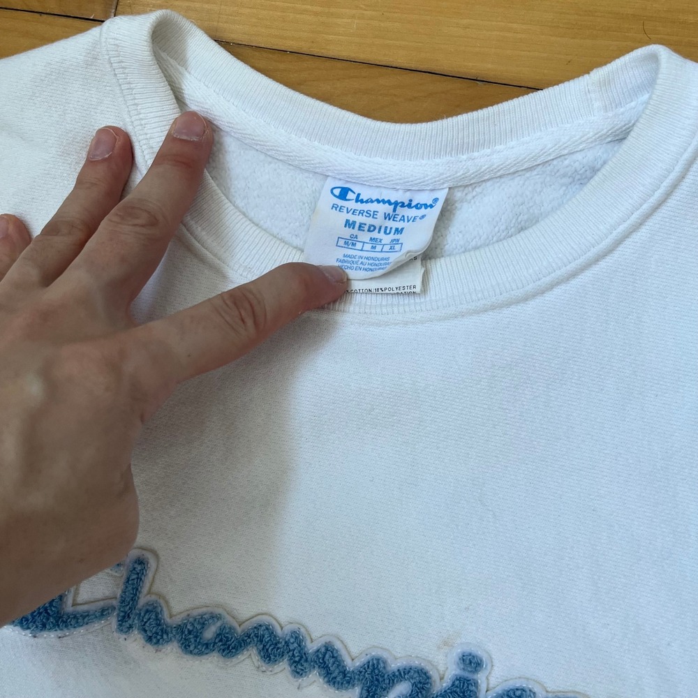 Champion Reverse Weave White Chenille Logo Sweatshirt Men Medium Pullover Fleece - Picture 2 of 5